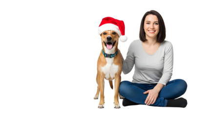 Happy woman sitting with her pet dog wearing a Santa hat for Christmas holiday promotions isolated PNG with Transparent Background