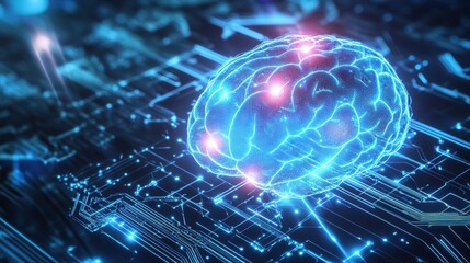 Abstract glowing blue brain circuit board with red energy pulses representing artificial intelligence and technology