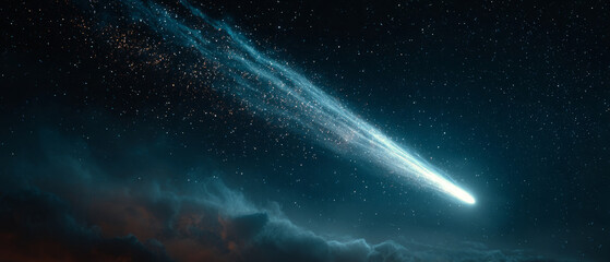 Glowing comet with a long luminous tail streaks across a starry night sky above clouds