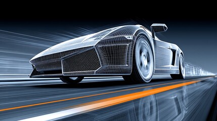 Futuristic Sports Car Wireframe Model Speeding on Road in Digital Environment