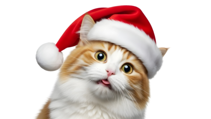 Funny fluffy ginger cat wearing a Santa hat making a silly face for Christmas isolated PNG with Transparent Background