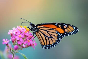 Fototapeta premium A monarch butterfly is perched on a cluster of pink flowers, its wings spread wide as it feeds on the nectar.