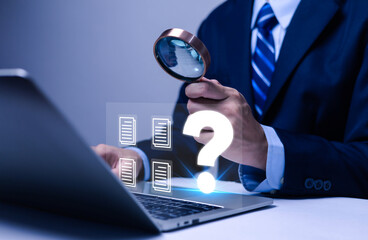 Businessman checking document management on virtual screen. Technology concept of data transfer, file recovery, computer backup, document or data folder transfer. 