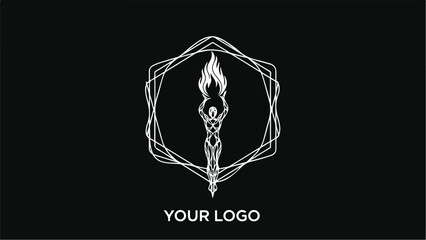 Mystical figure holding a torch within an abstract geometric frame on a dark background.