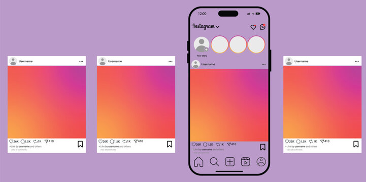 
Instagram social media post feed mobile phone mockup template.Isolated post frame, iPhone mockup. Social network app layout on smartphone vector illustration on transparent background
