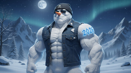 cool snowman with skull hat and 2026 blue glowing tattoo on the big muscled hand and with big cool press