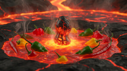 peanut in the lava floating with bunch of peppers on dark vulcano, very hot peanut in the lava floating with lots of peppers