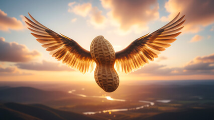 peanut in the sky with orange soft light  wings on nature background