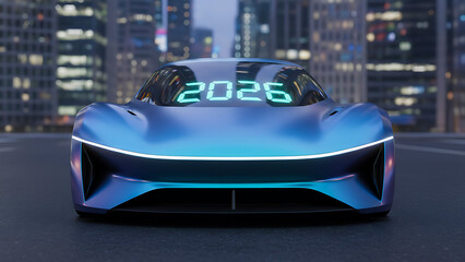 futuristic car with smooth shapes and 2026 written on it's windshield
