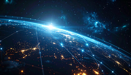 Digital Connections Over the World: a global network of digital lines, symbolizing an interconnected world powered by advanced technology, encircles the globe with shimmering lights. 