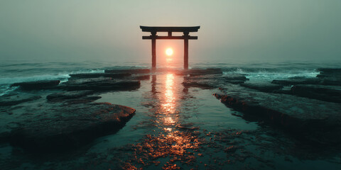 Torii gate at sunrise in misty mountains