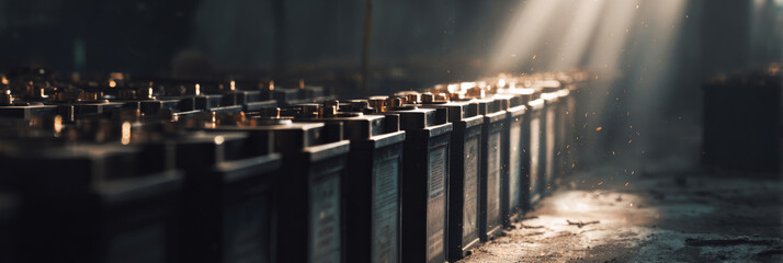 Row of automotive batteries stored in dim warehouse