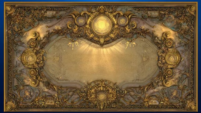 Intricately decorated ancient scroll with golden mystical symbols and glowing emblem, ornate fantasy style, on parchment background, concept of magic and mystery