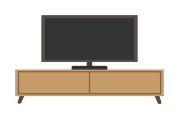 Modern television on a wooden stand in a simple living room setting in a home decor style