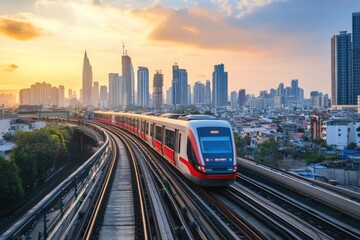 Fototapeta premium A sleek, modern train speeds along a curved track through a bustling cityscape at sunset, with towering skyscrapers and a vibrant skyline in the background.