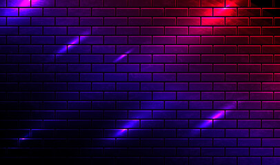 Modern futuristic neon lights on old grunge brick wall room background