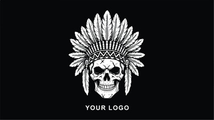 Skull wearing Native American chief headdress with feathers.