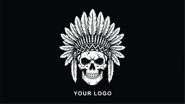 Skull wearing Native American chief headdress with feathers.