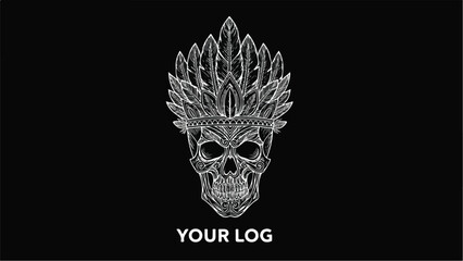 Skull with elaborate feather headdress in monochrome style.