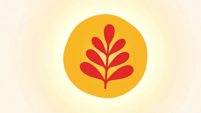 Minimalist red leaf silhouette on orange circle abstract graphic