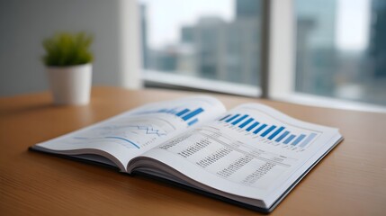 Open business report with financial charts and data displayed on a wooden desk with a blurred city view in the background