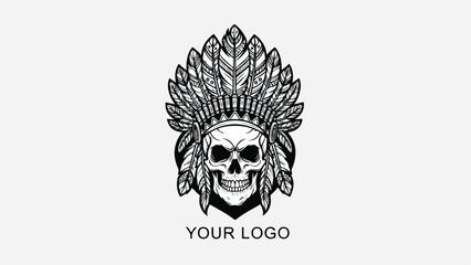Skull with Native American Headdress Logo Design 1.