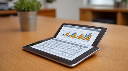 Digital tablet displaying colorful financial charts and spreadsheets on a wooden office desk