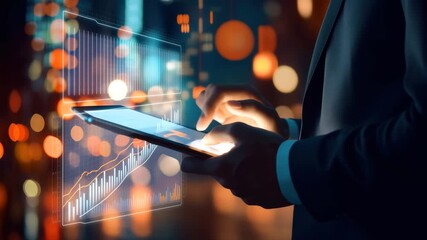 Businessman in formal attire uses digital tablet to monitor financial data amidst city nightlife, businessman using a digital tablet to check financial data - Powered by Adobe