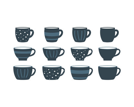 Set of vector mugs, various styles, with polka dots, horizontal stripes and vertical lines