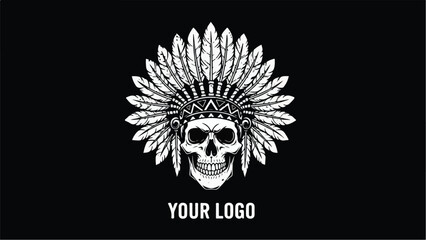 Skull with Native American Headdress Vector Illustration.