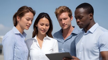 Diverse business professionals collaborating outdoors while looking at a digital tablet