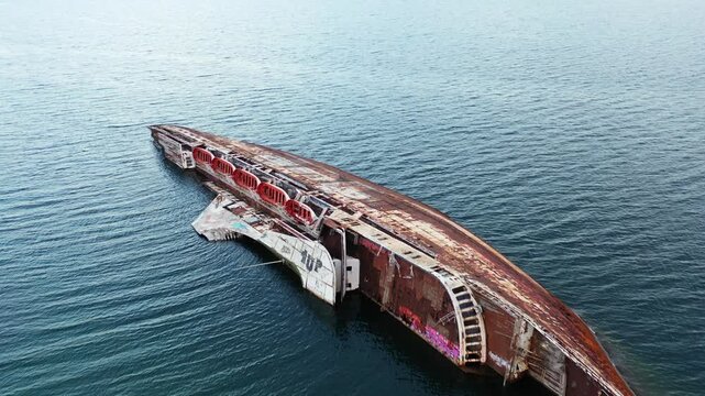 Aerial view of a rusting shipwreck with orange lifeboats contrasts against the still, dark blue sea, creating a haunting scene, Athina, Kentrikos Tomeas Athinon, Greece.