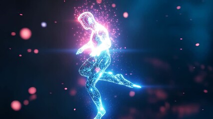 Dynamic digital art concept of a dancing android emitting vibrant particles in a futuristic setting, Digital art NFT concept, dancing android emitting particles - Powered by Adobe