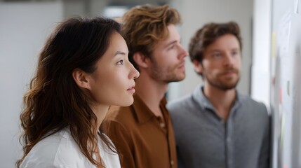 Fototapeta premium Three diverse professionals in a bright office intently observing ideas on a whiteboard
