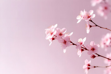 A minimalist photograph of cherry blossoms in soft pastel pink, with ample negative space and serene lighting.