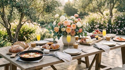 Beautiful outdoor brunch table set with fresh flowers, assorted pastries, fruits, and beverages, creating a warm and inviting atmosphere for gatherings and celebrations in a garden setting