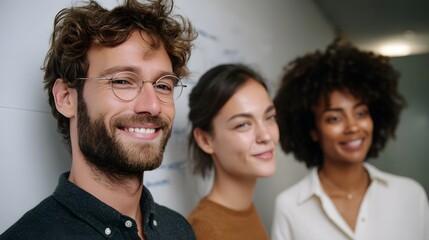 A diverse group of smiling colleagues collaborating in a bright office setting with a whiteboard