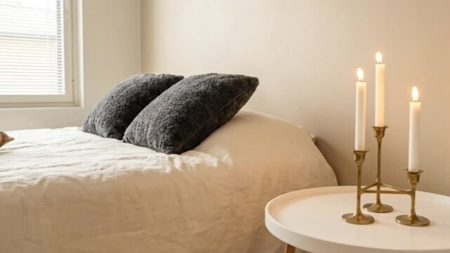 Cozy bedroom scene with lit taper candles on side table