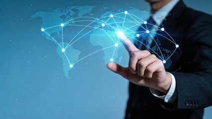 Digital world map with connections and business professional's hand.