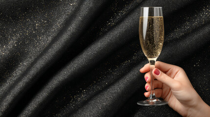 Elegant Woman&rsquo;s Hand Holding Champagne Glass with Golden Sparkles, Black Silk Fabric Background, Luxury Celebration Concept, Sophisticated Holiday or Event Lifestyle