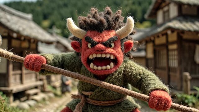 Fierce Red Oni Demon with Horns and Staff in Traditional Japanese Village Setting.