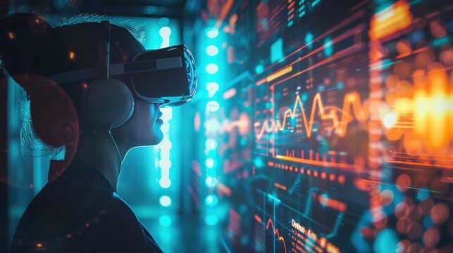 Person wearing vr headset looking at futuristic digital data visualization glowing with neon lights - Powered by Adobe