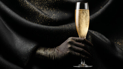 Elegant Woman&rsquo;s Hand Holding Champagne Glass with Golden Sparkles, Black Silk Fabric Background, Luxury Celebration Concept, Sophisticated Holiday or Event Lifestyle