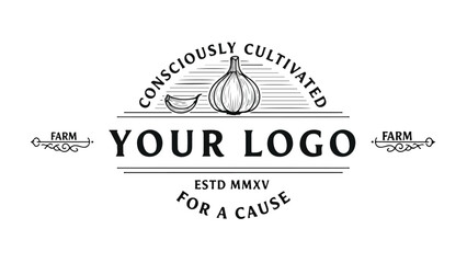 Vintage Farm Logo with Garlic and Banana Illustration.