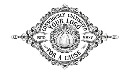 Vintage Garlic Logo with Ornate Frame and Text.