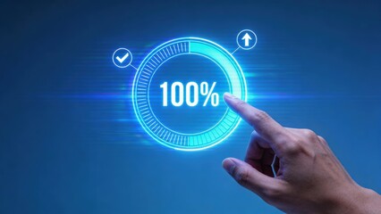 Digital progress indicator reaching 100% completion with a finger touch.
