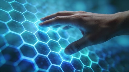 Futuristic hand interacting with glowing hexagonal interface.