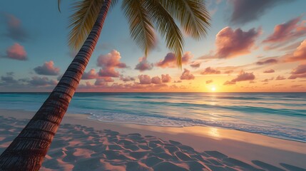 Golden sunset over tropical beach and calm ocean