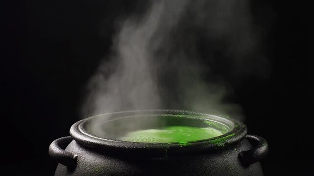 Black cauldron with glowing green potion and rising vapor in magical dark fantasy setting