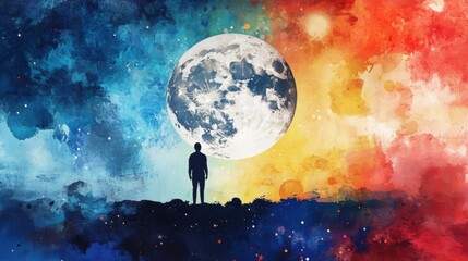 Silhouette contemplates a colossal moon amidst watercolor cosmic duality backdrop